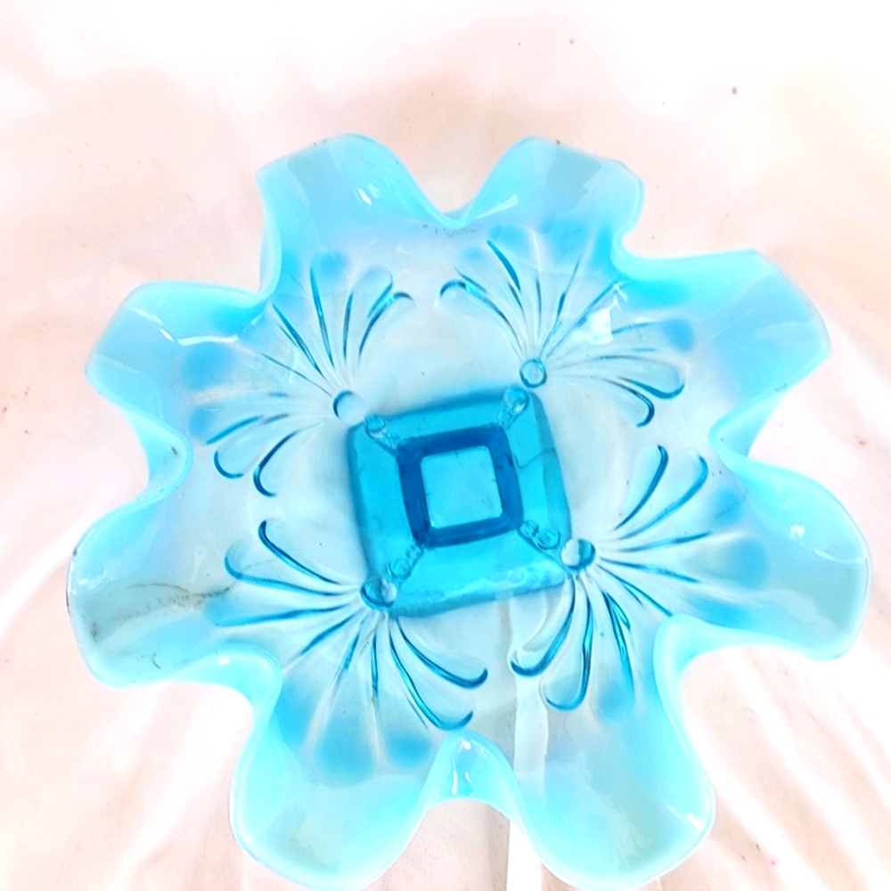 Light blue glass candy dish,  scalloped and fuffled edged and square base